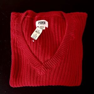 PINK Victoria's Secret Women’s V-Neck Ribbed Knit Sweater - Red